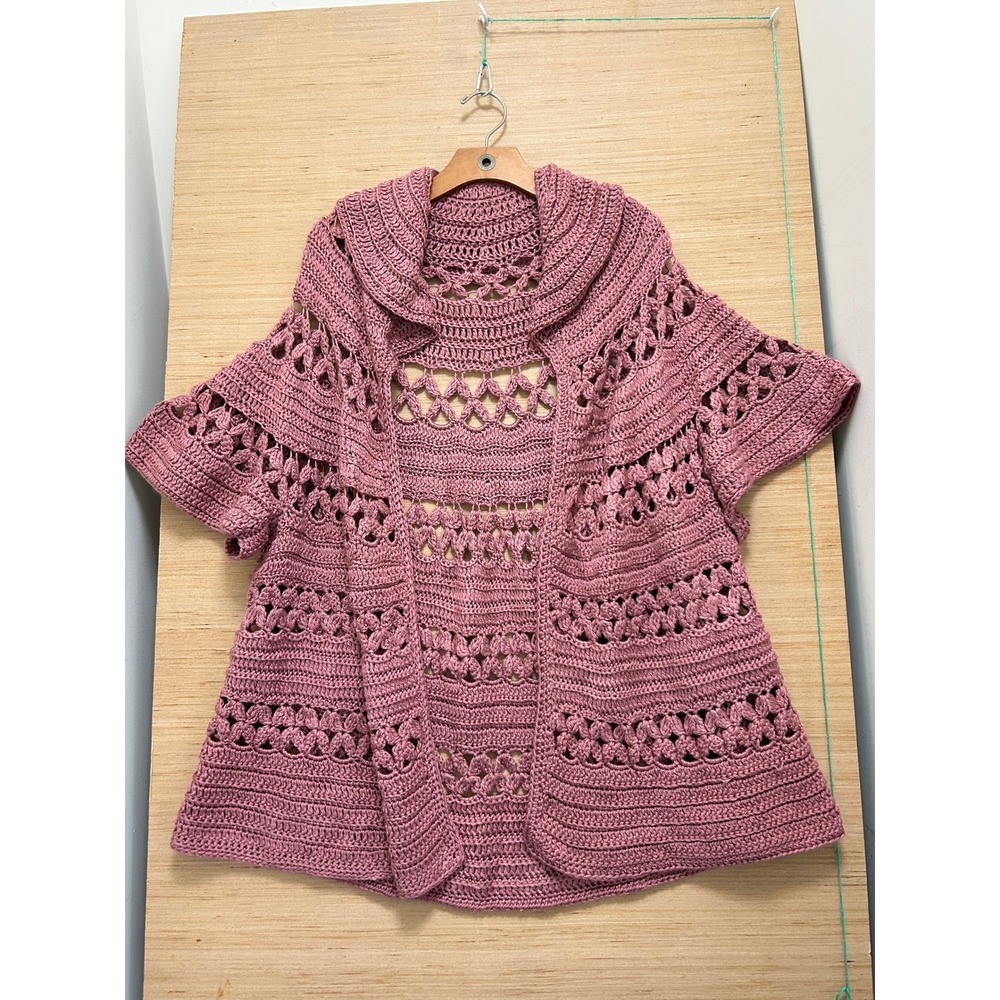 Handmade Crochet Cardigan Dusty Rose Open Front Boho Knit Shawl Collar Short Slv